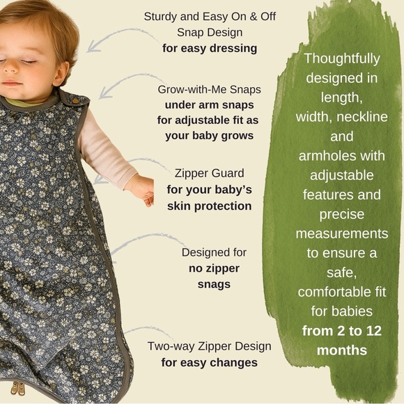Organic Cotton 2 Way Zipper Sleeping Sack for Baby Girls Adjustable 2-12 M - Picture 7 of 8